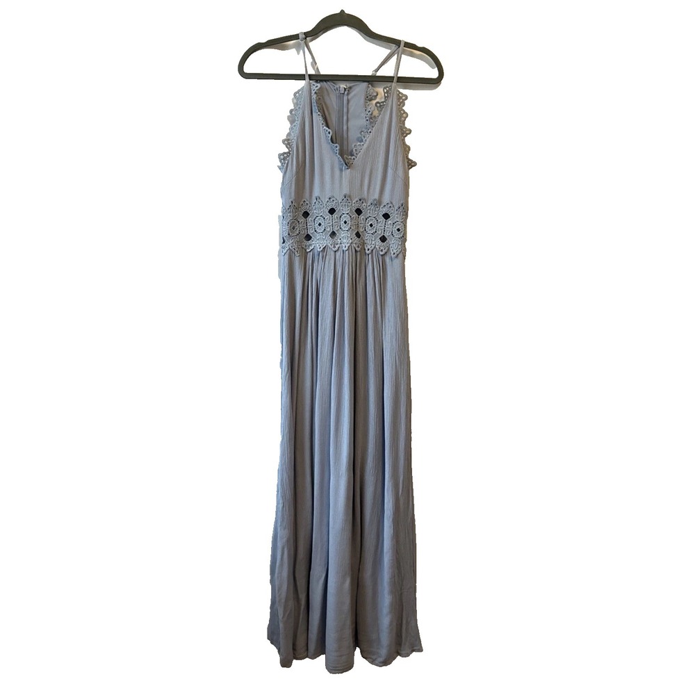 Lulus This is Love Slate Blue Crinkle Gauze Crochet Sheer Lace Maxi Dress XS